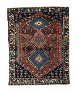 Full view of 1970s Yalameh rug from Iran / Persia, 134 × 105 cm in Red tones