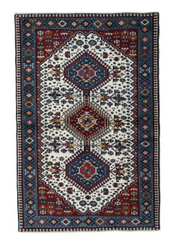 Full view of 2000s Yalameh rug from Iran / Persia, 153 × 101 cm in Beige tones