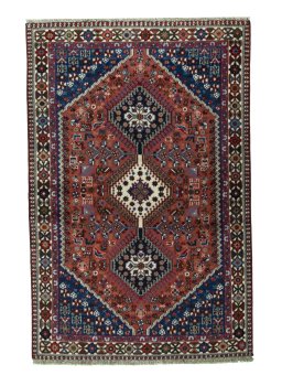 Full view of 2000s Yalameh rug from Iran / Persia, 153 × 101 cm in Red tones