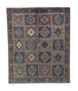 Full view of 2000s Yalameh rug from Iran / Persia, 240 × 197 cm in Multi Color tones