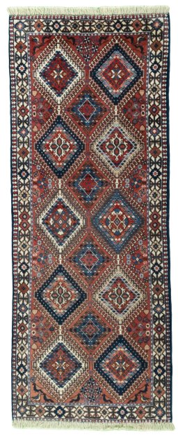 Full view of 2000s Yalameh rug from Iran / Persia, 197 × 77 cm in Red tones