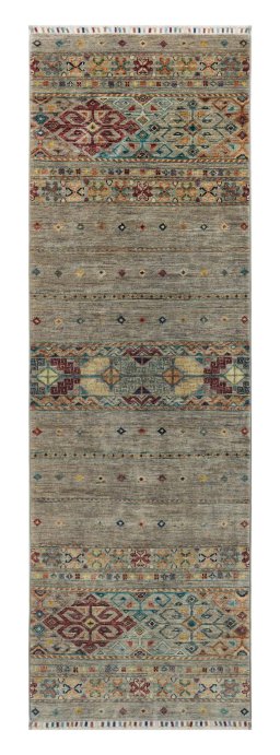 Full view of New Samarkand rug from Pakistan, 246 × 78 cm in Gray tones