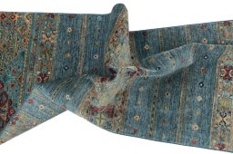 Full view of New Samarkand rug from Pakistan, 250 × 79 cm in Blue tones