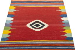 Close-up detail of New Kilim Sofre rug from Turkey showing Wool weave