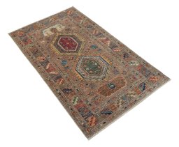 Corner detail of New Kazak rug showing border pattern and Wool pile
