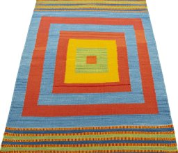 Close-up detail of New Kilim Sofre rug from Turkey showing Wool weave