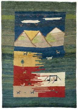 Full view of 2000s Persian Gabbeh rug from Pakistan, 165 × 119 cm in Green tones