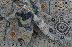 Full view of New Mamluk rug from Pakistan, 297 × 203 cm in Beige tones