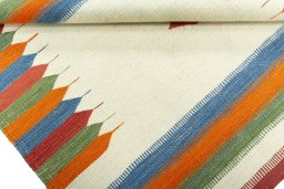 Full view of New Kilim Sofre rug from Turkey, 102 × 99 cm in Multi Color tones