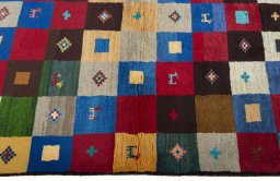 Close-up detail of 2000s Persian Gabbeh rug from Pakistan showing Wool weave