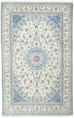 Full view of 2000s Nain rug from Iran / Persia, 338 × 215 cm in Beige tones