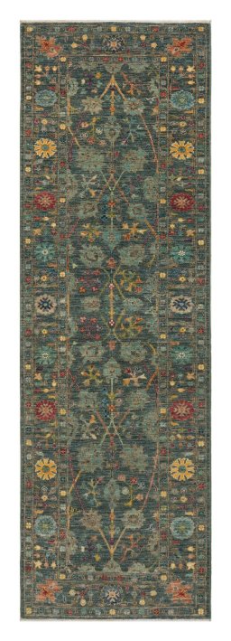 Full view of New Farahan rug from Pakistan, 246 × 77 cm in Green tones