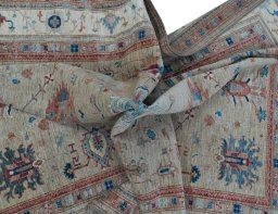 Full view of New Kazak rug from Pakistan, 291 × 213 cm in Beige tones