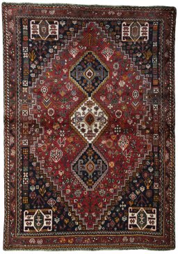 Full view of 2000s Shiraz rug from Iran / Persia, 213 × 150 cm in Red tones