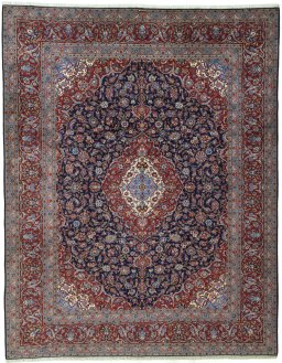 Full view of New Kashan rug from Iran / Persia, 385 × 306 cm in Blue tones