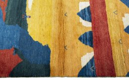 Close-up detail of 2000s Persian Gabbeh rug from Pakistan showing Wool weave