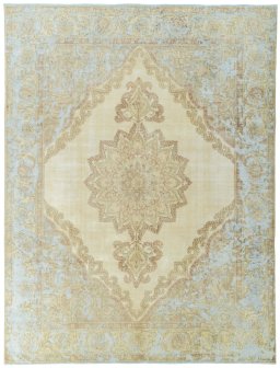 Full view of 1970s Vintage rug from Pakistan, 383 × 291 cm in Beige tones