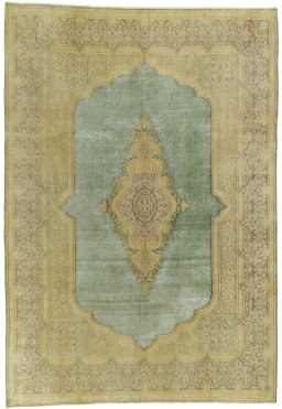 Full view of 1950s Vintage rug from Pakistan, 334 × 232 cm in Green tones