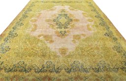 Surface texture of 1950s Vintage rug with natural Wool and intricate pattern