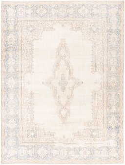 Full view of 1950s Vintage rug from Iran / Persia, 355 × 273 cm in Cream tones