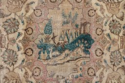 Surface texture of 1980s Vintage rug with natural Wool and intricate pattern