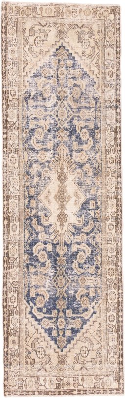Full view of 1970s Vintage rug from Iran / Persia, 280 × 87 cm in Blue tones