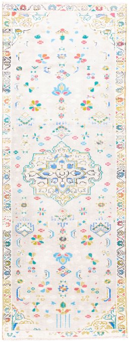 Full view of 1970s Vintage rug from Iran / Persia, 215 × 80 cm in White tones