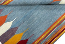 Full view of New Kilim Sofre rug from Turkey, 98 × 109 cm in Multi Color tones