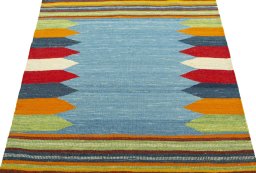 Close-up detail of New Kilim Sofre rug from Turkey showing Wool weave