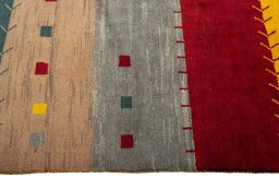Close-up detail of 2000s Persian Gabbeh rug from Pakistan showing Wool weave