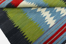 Full view of New Kilim Sofre rug from Turkey, 102 × 96 cm in Multi Color tones