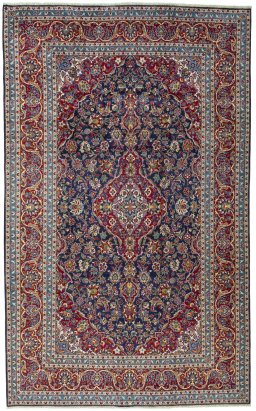 Full view of 2000s Kashan rug from Iran / Persia, 407 × 249 cm in Blue tones