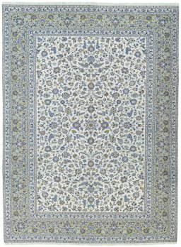 Full view of 2000s Kashan rug from Iran / Persia, 378 × 281 cm in Beige tones