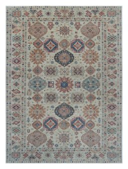 Full view of New Kazak rug from Pakistan, 371 × 272 cm in Beige tones