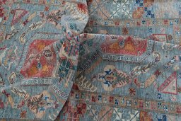 Full view of New Kazak rug from Pakistan, 269 × 202 cm in Gray tones