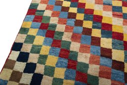 Backside of handmade 2000s Persian Gabbeh rug showing knot structure and weave density