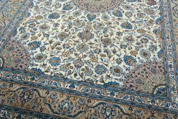 Close-up detail of 2000s Kashmar rug from Iran / Persia showing Wool weave