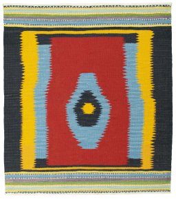 Full view of New Kilim Sofre rug from Turkey, 111 × 98 cm in Multi Color tones