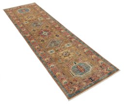 Corner detail of New Kazak rug showing border pattern and Wool pile