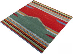 Corner detail of New Kilim Sofre rug showing border pattern and Wool pile