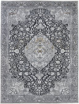 Full view of 1990s Cashmere Silk rug from India, 327 × 243 cm in Gray tones
