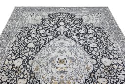 Surface texture of 1990s Cashmere Silk rug with natural Silk and intricate pattern