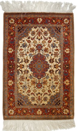 Full view of 2000s China Silk rug from China, 94 × 63 cm in Cream tones