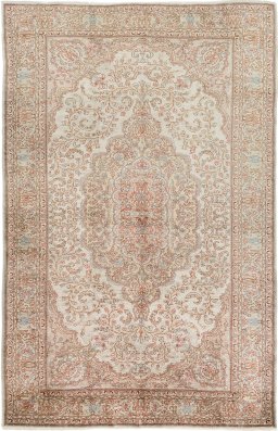 Full view of 1920s Istanbul Silk rug from Turkey, 206 × 124 cm in Cream tones