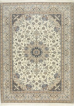 Full view of 1980s Nain Silk rug from Iran / Persia, 421 × 315 cm in Cream tones