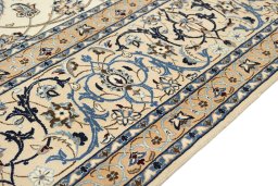 Full view of 1980s Nain Silk rug from Iran / Persia, 421 × 315 cm in Cream tones