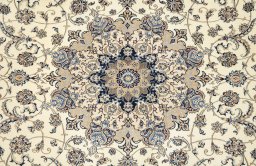 Close-up detail of 1980s Nain Silk rug from Iran / Persia showing Wool weave