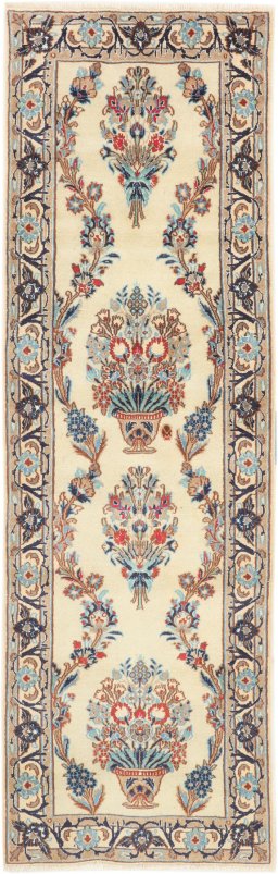 Full view of 2000s Nain Silk rug from Iran / Persia, 226 × 72 cm in Cream tones