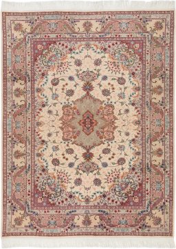 Full view of New Tabriz Silk rug from Iran / Persia, 190 × 146 cm in Cream tones