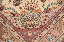 Full view of New Tabriz Silk rug from Iran / Persia, 190 × 146 cm in Cream tones
